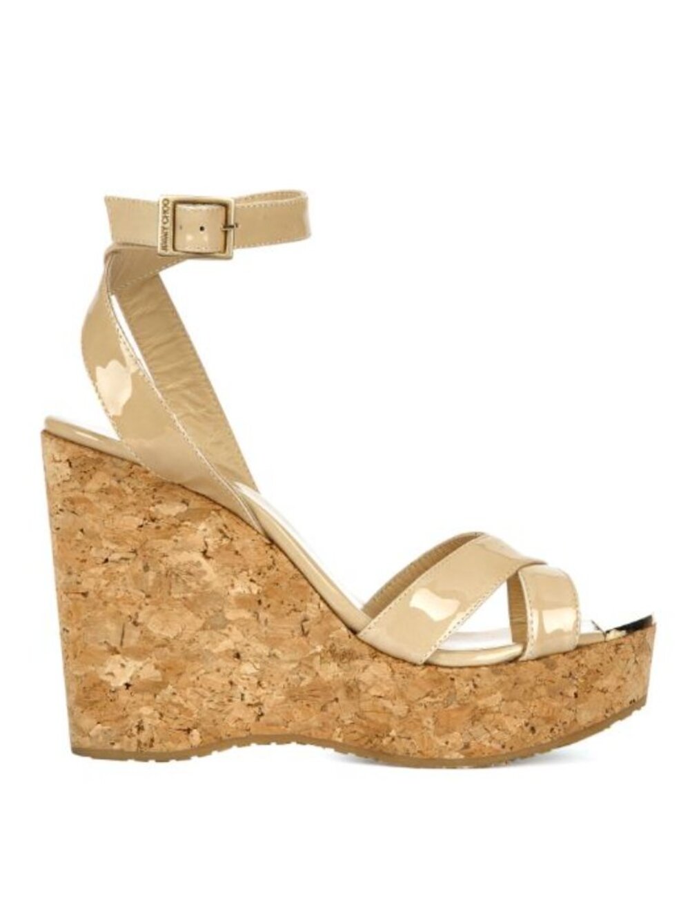 Jimmy Choo 'Papyrus' Nude Patent Leather Cork Wedges Heels Shoes Sandals Size 39